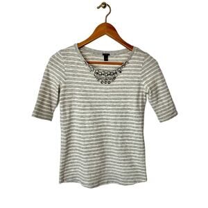 J. Crew Jeweled Gray And White Striped Tee Shirt Size XXS